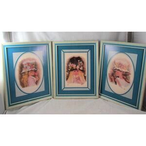Gruerio Flower Child Prints Girls in Floral Hats Set of 3 Framed Boho Decor 70s